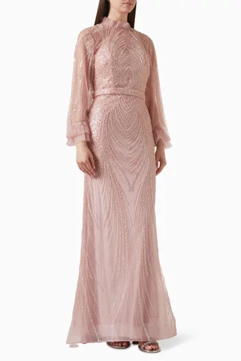 فستان سهرة مطرز بالكريستال تول