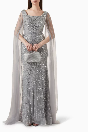 فستان سهرة مطرز بالخرز تول