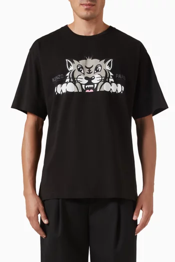 تي شيرت فضفاض بشعار نمر يبتسم قطن