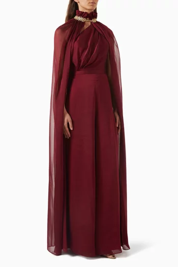 Coral Cape Jumpsuit in Crepe & Chiffon