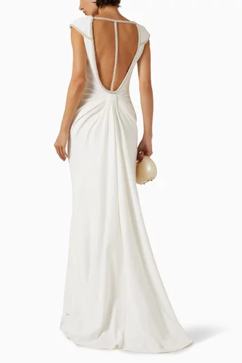 فستان سهرة مارسيلينا بشريط مرصع باللؤلؤ كريب