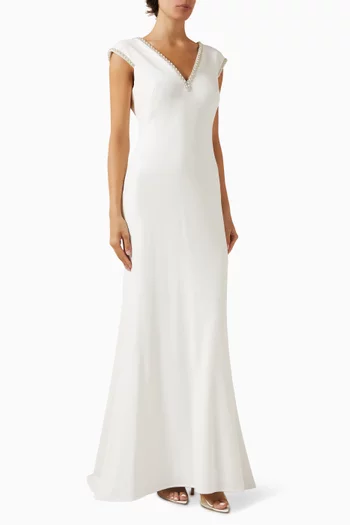 فستان سهرة مارسيلينا بشريط مرصع باللؤلؤ كريب