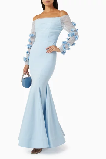 Off-shoulder Floral-appliqué Gown