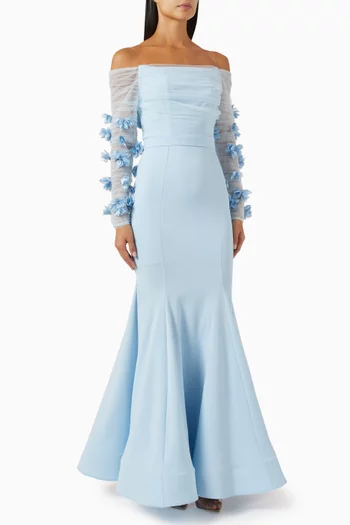Off-shoulder Floral-appliqué Gown