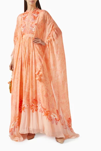 Printed Cape-sleeve Dress in Chiffon