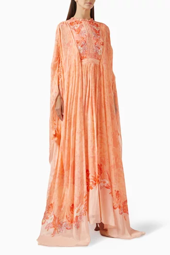 Printed Cape-sleeve Dress in Chiffon