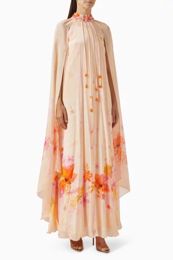 Printed Cape Dress in Crepe
