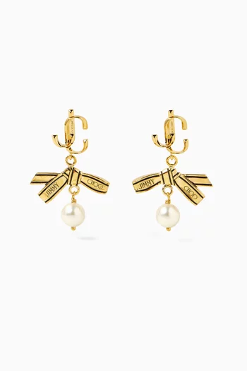 JC Ribbon Pearl Earrings in Gold-tone Brass