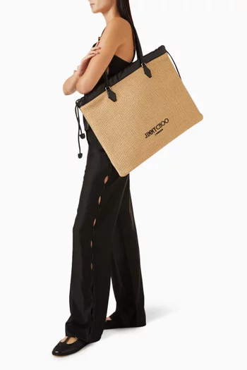 Drawstring Tote Bag in Raffia & Leather