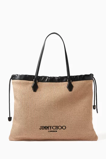 Drawstring Tote Bag in Raffia & Leather