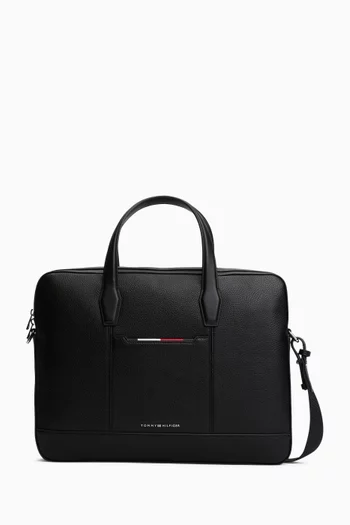 Metal Logo Laptop Bag in Grained Faux Leather