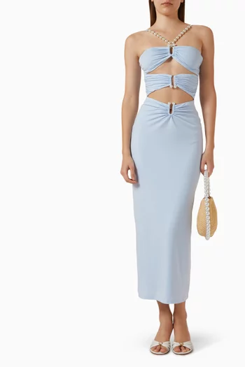 Faux-pearl Embellished Draped Cutout Midi Dress