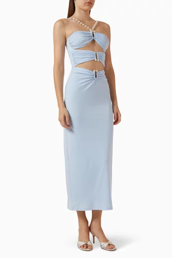 Faux-pearl Embellished Draped Cutout Midi Dress