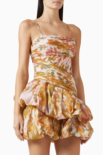 فستان قصير بتنورة منفوخة حرير وأورجانزا وكتان