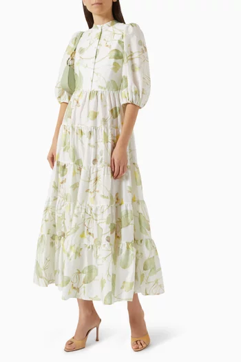 Leaf-print Tiered Dress in Cotton