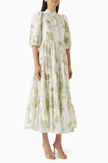 Leaf-print Tiered Dress in Cotton