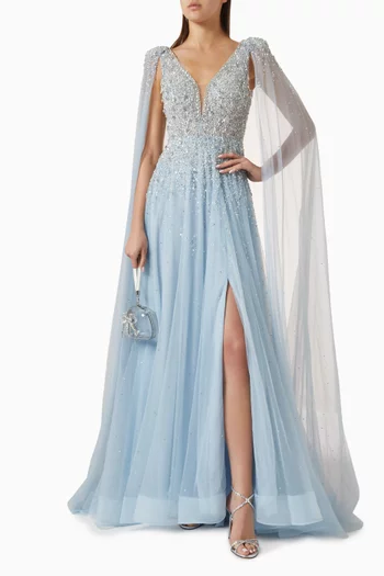 Sequin-embellished Cape Gown in Tulle