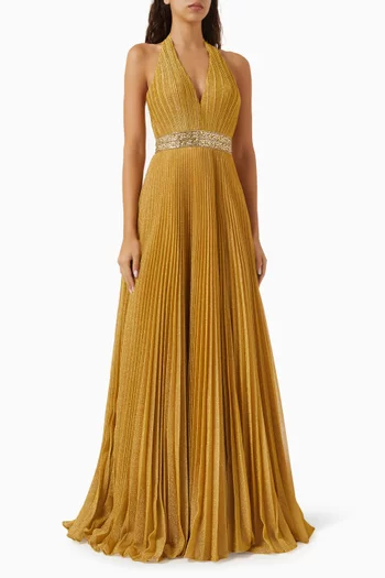 Crystal-embellished Pleated Gown