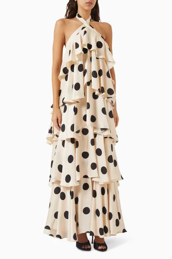 Tiered Ruffle Polka-dot Gown in Charmeuse
