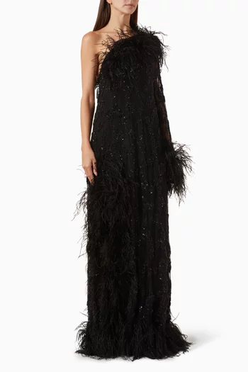 Alby One-shoulder Feather-trim Gown