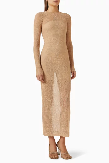 فستان طويل بأكمام طويلة دانتيل شفاف