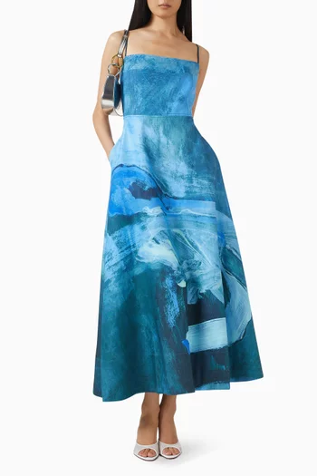 فستان اوسيدج طويل مزين بنقشة فيسكوز وكتان