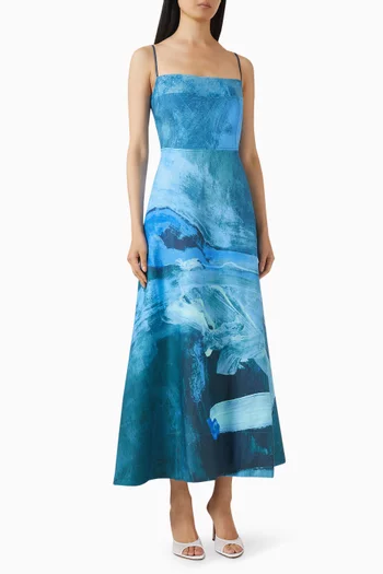 فستان اوسيدج طويل مزين بنقشة فيسكوز وكتان