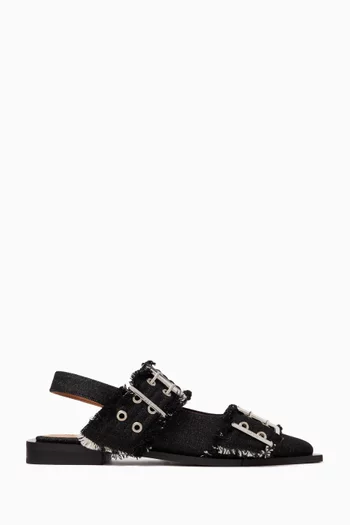 Feminine Buckle Ballet Flats in Raw Denim