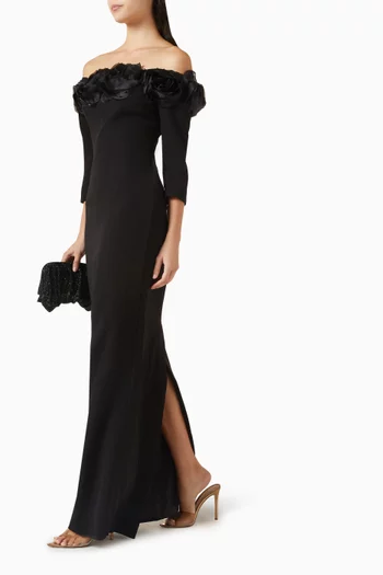 Off-shoulder 3D-flower Gown in Crepe
