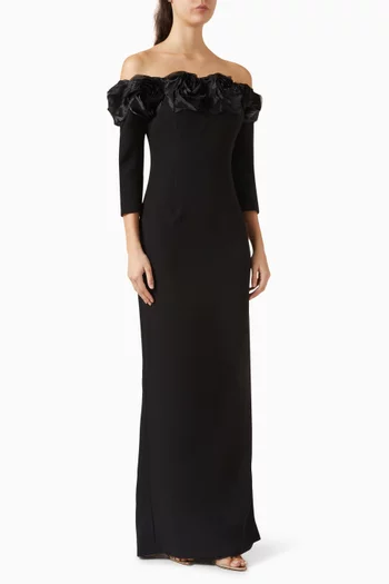 Off-shoulder 3D-flower Gown in Crepe