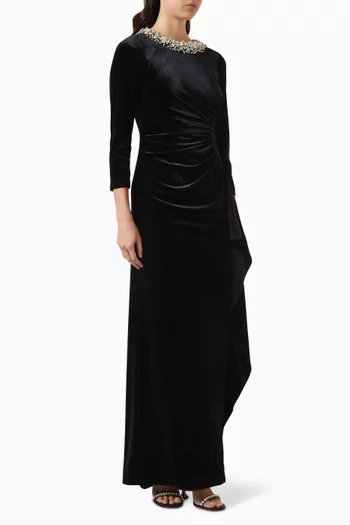 Embellished Ruched Gown in Velvet