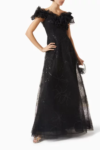 Off-shoulder Ruffle Gown in Tulle
