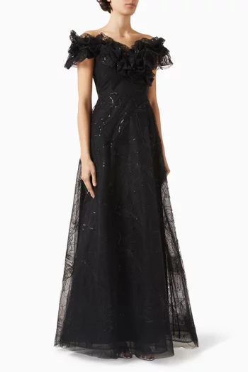 Off-shoulder Ruffle Gown in Tulle