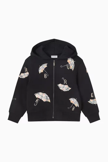 كنزة بغطاء رأس وسحّاب وطبعة مظلات بنقشة مربعات قطن