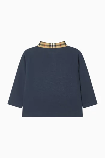 تي شيرت بولو بأكمام طويلة قطن بيكيه بياقة بنقشة مربعات