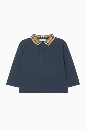 تي شيرت بولو بأكمام طويلة قطن بيكيه بياقة بنقشة مربعات