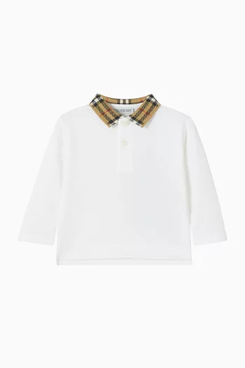 تي شيرت بولو بأكمام طويلة قطن بيكيه بياقة بنقشة مربعات