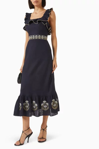 Ayan Embroidered Ruffle Dress in Linen