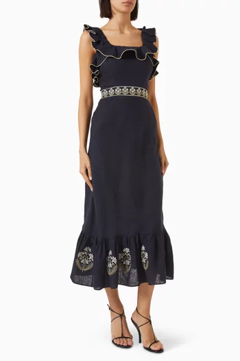 Ayan Embroidered Ruffle Dress in Linen