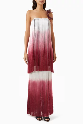Ombre Fringe Strapless Gown