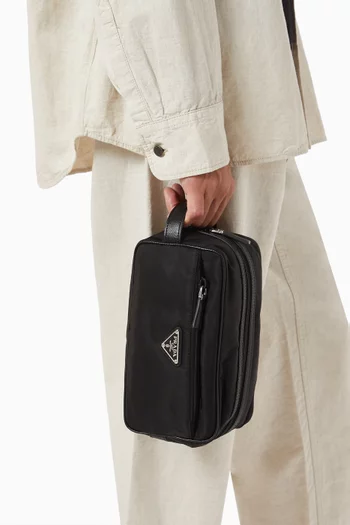 Triangle Logo Travel Pouch in Re-Nylon & Saffiano Leather