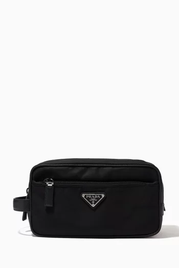 Triangle Logo Travel Pouch in Re-Nylon & Saffiano Leather