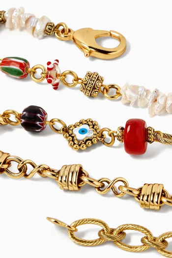BOHEMIAN SUMMER  ALL IN ONE NECKLACE IN CHEVRON GLASS BEADS, PEARLS, MOTHER OF PEARL, HANDMADE GLASS BEADS AND GOLD PLATED BRASS CHAIN:Multi Colour:One Size|218474410