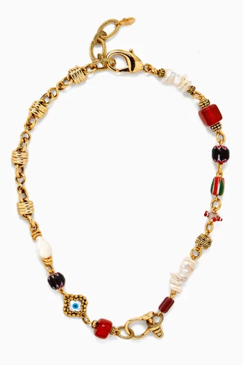 BOHEMIAN SUMMER  ALL IN ONE NECKLACE IN CHEVRON GLASS BEADS, PEARLS, MOTHER OF PEARL, HANDMADE GLASS BEADS AND GOLD PLATED BRASS CHAIN:Multi Colour:One Size|218474410