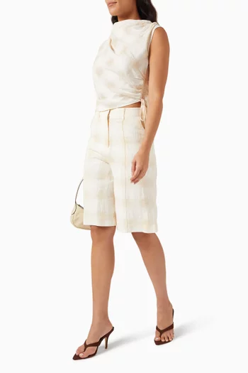 بلوزة أوديت بنقشة مربعات مزيج كتان