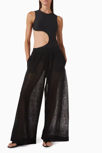 بنطال انسيابي بقصة ساق واسعة مزيج كتان