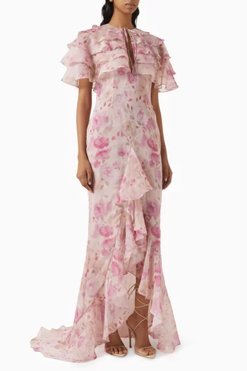Printed Ruffled Maxi Dress in Chiffon