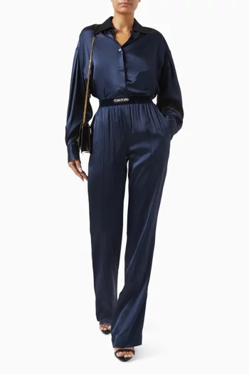 بنطال بحزام خصر مزين بشعار الماركة حرير ستان