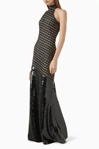 فستان طويل بحمالة حول الرقبة دانتيل وقماش مطرز بالترتر