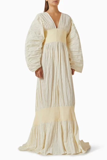 فستان طويل بتصميم منفوخ وفتحة رقبة V